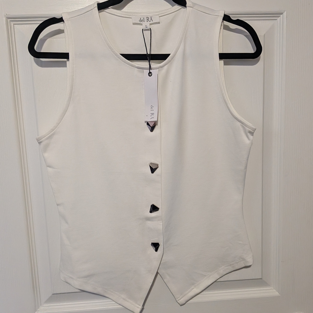 Del Ra Sleeveless White Shirt Faux Button Up Vest Silver Sz Large Blouse